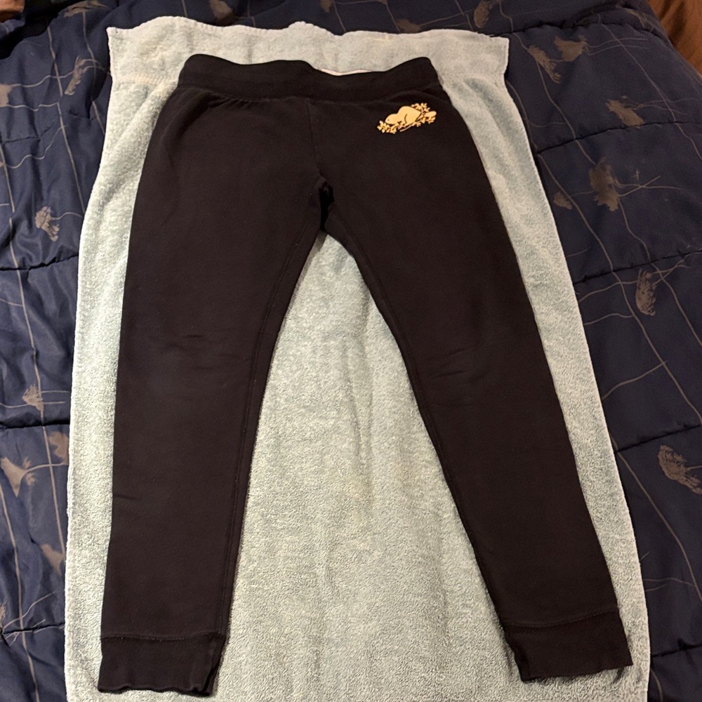 Women’s Roots Black Fitted Joggers with Cream Logo - size S